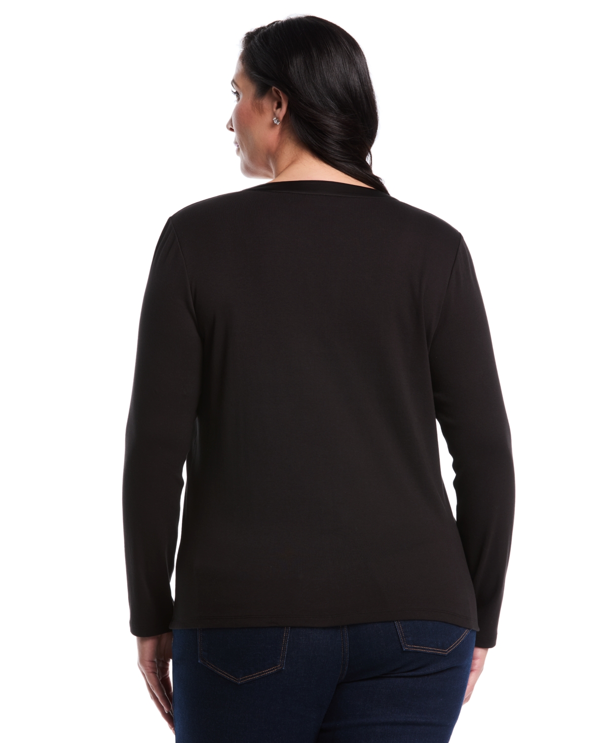Rafaella Plus Size Woven Trim Split V-neck Long Sleeve Top In Black