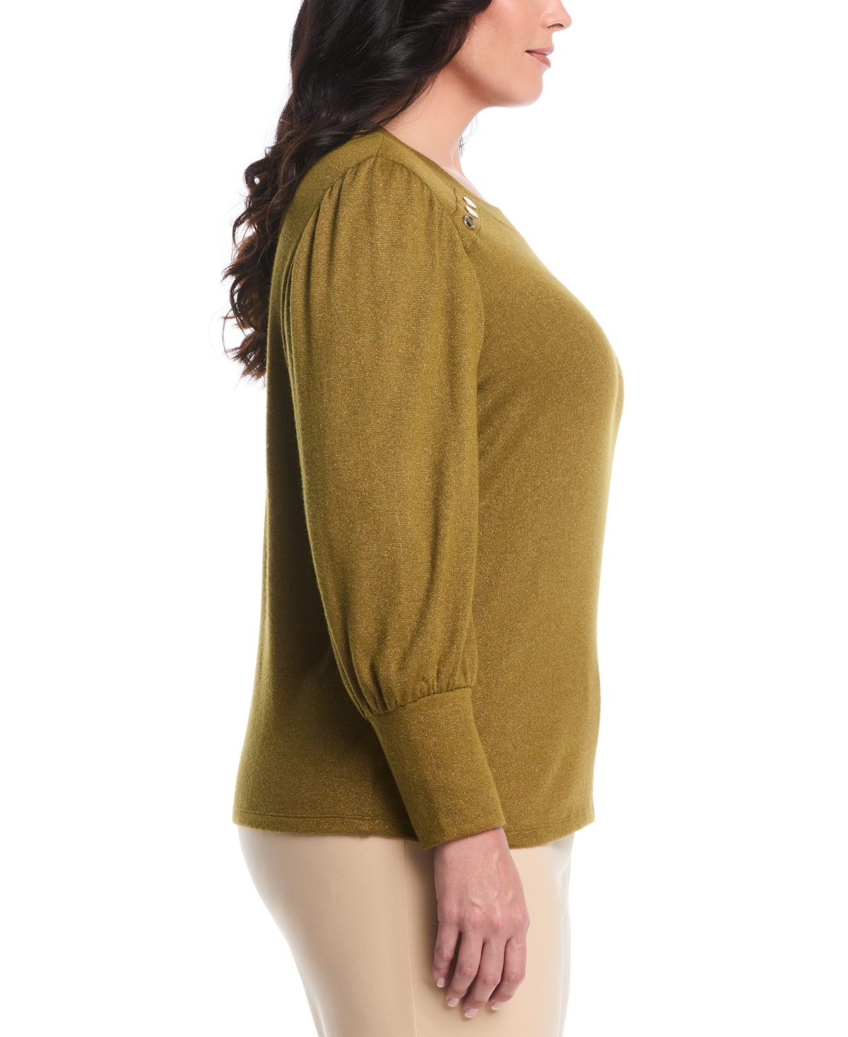 Rafaella Plus Size Metallic Puff Long Sleeve Crew Neck Top In Green
