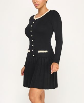 Juniors' Pearl Boucle Trim Pleated Fit & Flare Sweater Dress