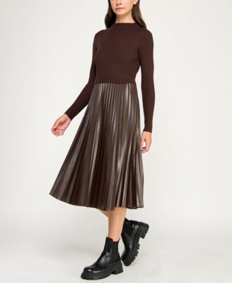Juniors Faux Leather Pleated Midi Sweater Dress