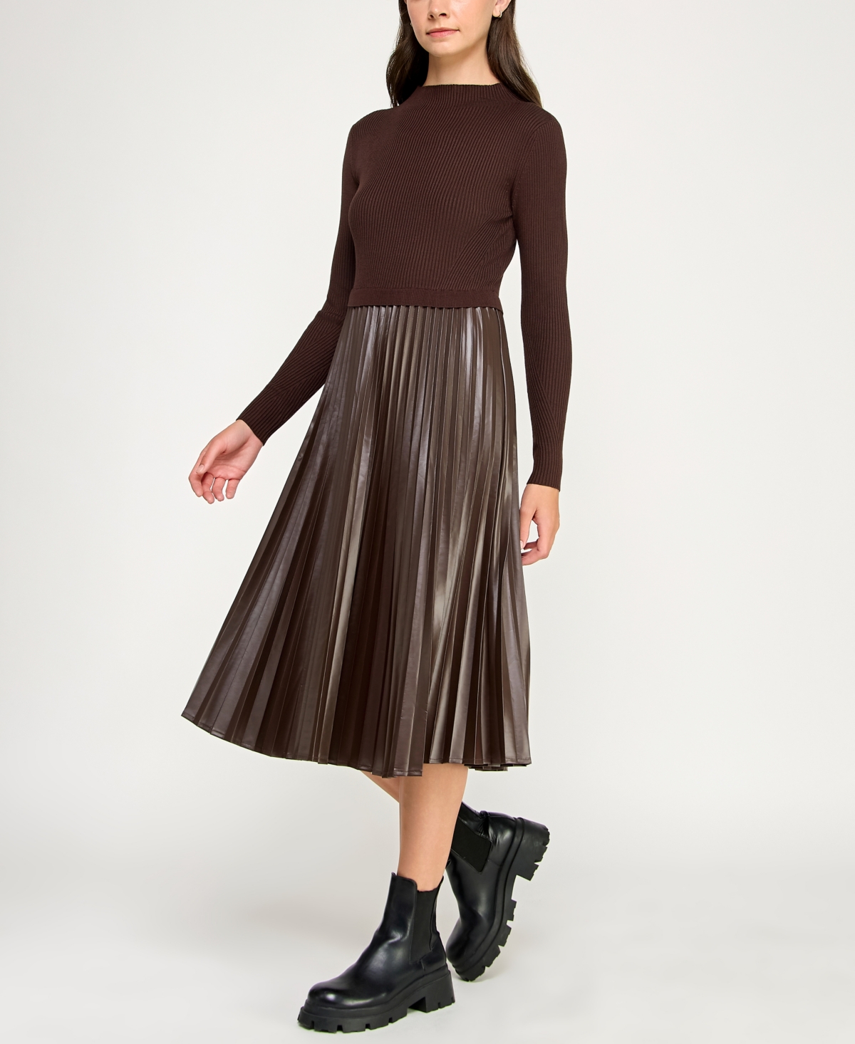 Invitee Juniors' Mock Neck Sweater Midi Dress In Brown