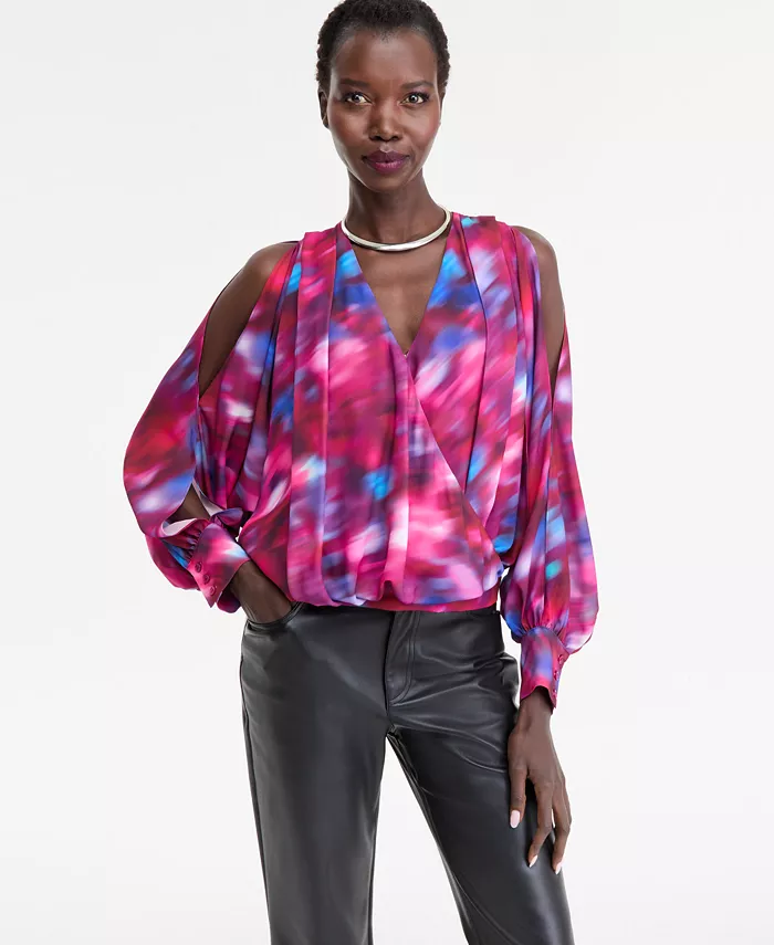 Women's Printed Arm-Slit Surplice Blouse - thumbnail 5