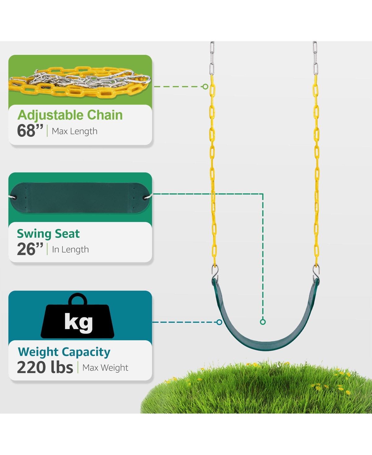 Sorbus 3 Pack 68" Chain Heavy Duty Swing Seat with Snap Hooks - Playground Swing Supports 220lb for Kids Outdoor Play