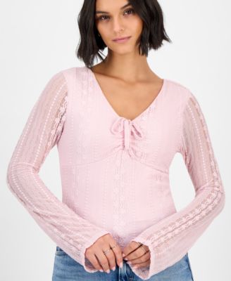 Juniors' Lace V-Neck Bell-Sleeve Top