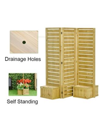 3-Panel Fir Wood Outdoor Privacy Screen with 4 Garden Bed Planters for Patio