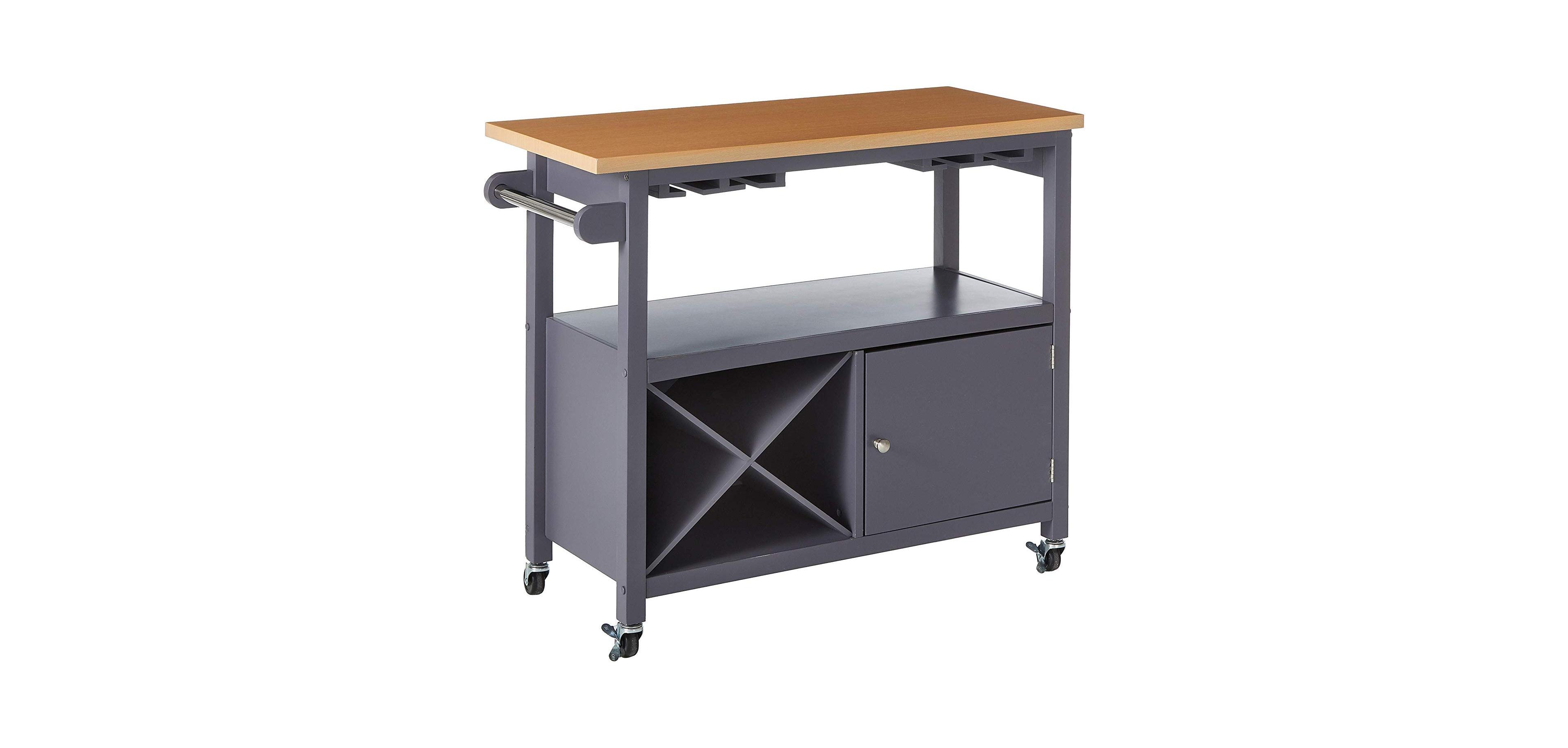 Kings Brand Furniture Wood Kitchen Storage Serving Cart with Wine Rack (Grey/Natural)