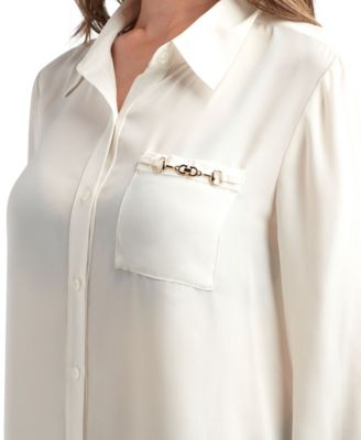 Juniors' Solid Dobby Long Sleeve Shirt