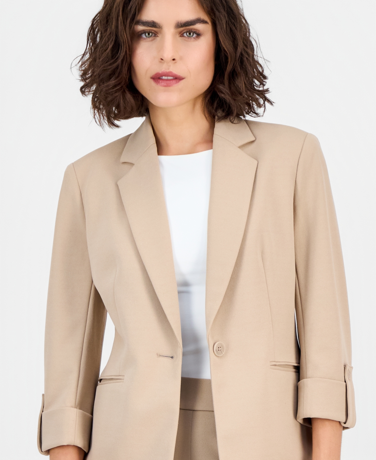 Ak Anne Klein Petite Notched-collar One-button Jacket In Brown
