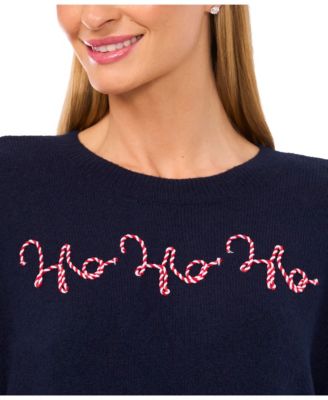 Women's "Ho Ho Ho" Candy Cane Script Crewneck Long-Sleeve Sweater