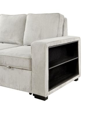 Modern Pull-Out Sofa Bed with Storage Chaise, USB Charging & Bookshelf Arm, Sleeper Sectional Couch for Small Spaces