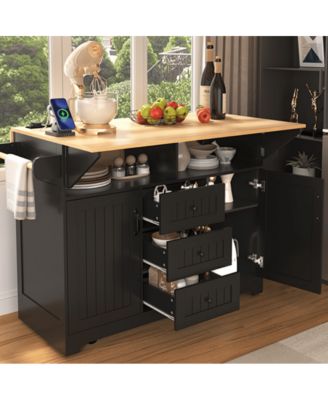 55.7" Rolling Kitchen Island with Dual Drop Leaves, Power Outlet, Storage Drawers & Cabinets