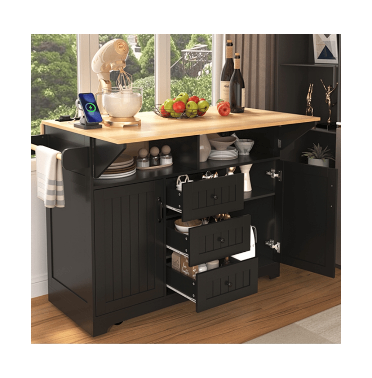 55.7" Rolling Kitchen Island with Dual Drop Leaves, Power Outlet, Storage Drawers & Cabinets-Maison Boucle