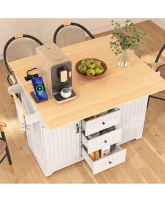 55.7" Rolling Kitchen Island with Dual Drop Leaves, Power Outlet, Storage Drawers & Cabinets