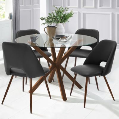 5-Piece Dining Set with 39.4 Inch Round Glass Table & 4 PU Leather Chairs, Modern Kitchen & Dining Room Furniture-Maison Boucle