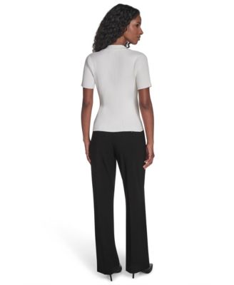 Petite Collared Short Sleeve Button Detailing Sweater