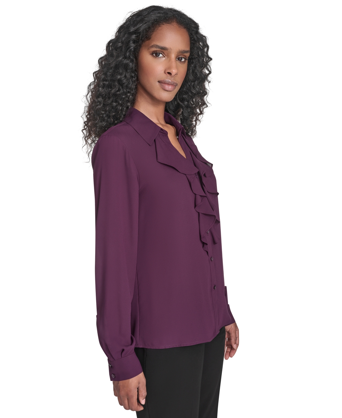 Calvin Klein Petite Solid Long Sleeve Ruffle Front Blouse