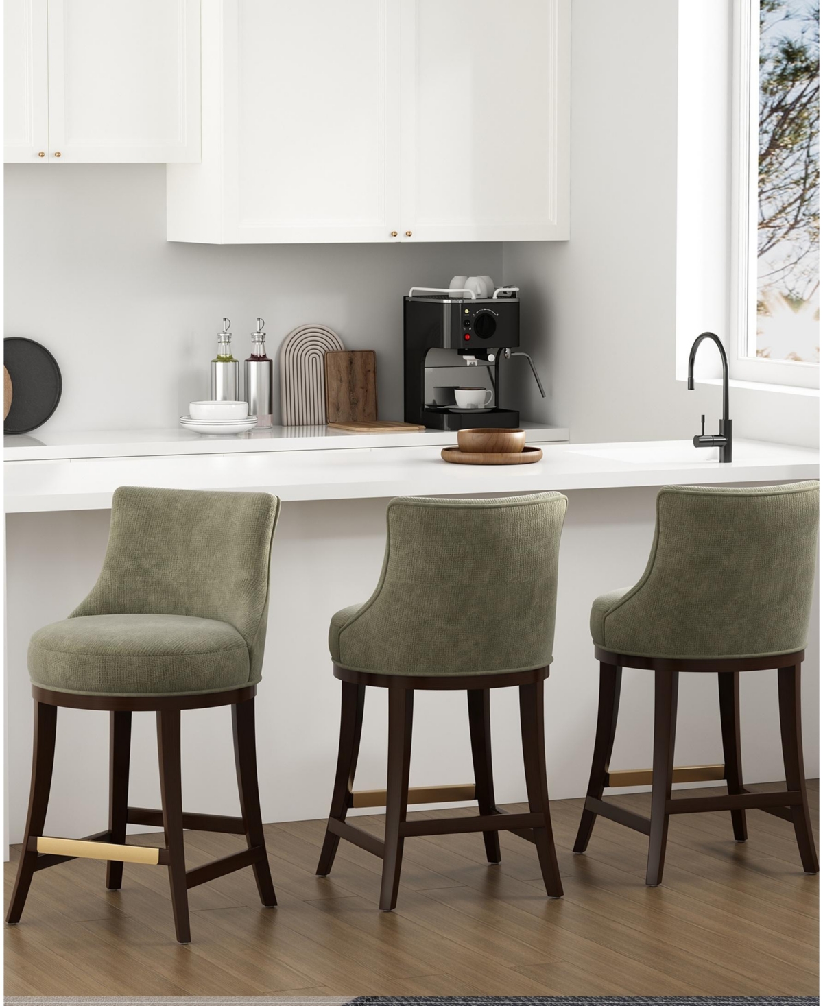Manhattan Comfort Lucia 37.2" Chenille Upholstered Counter Stool In Green