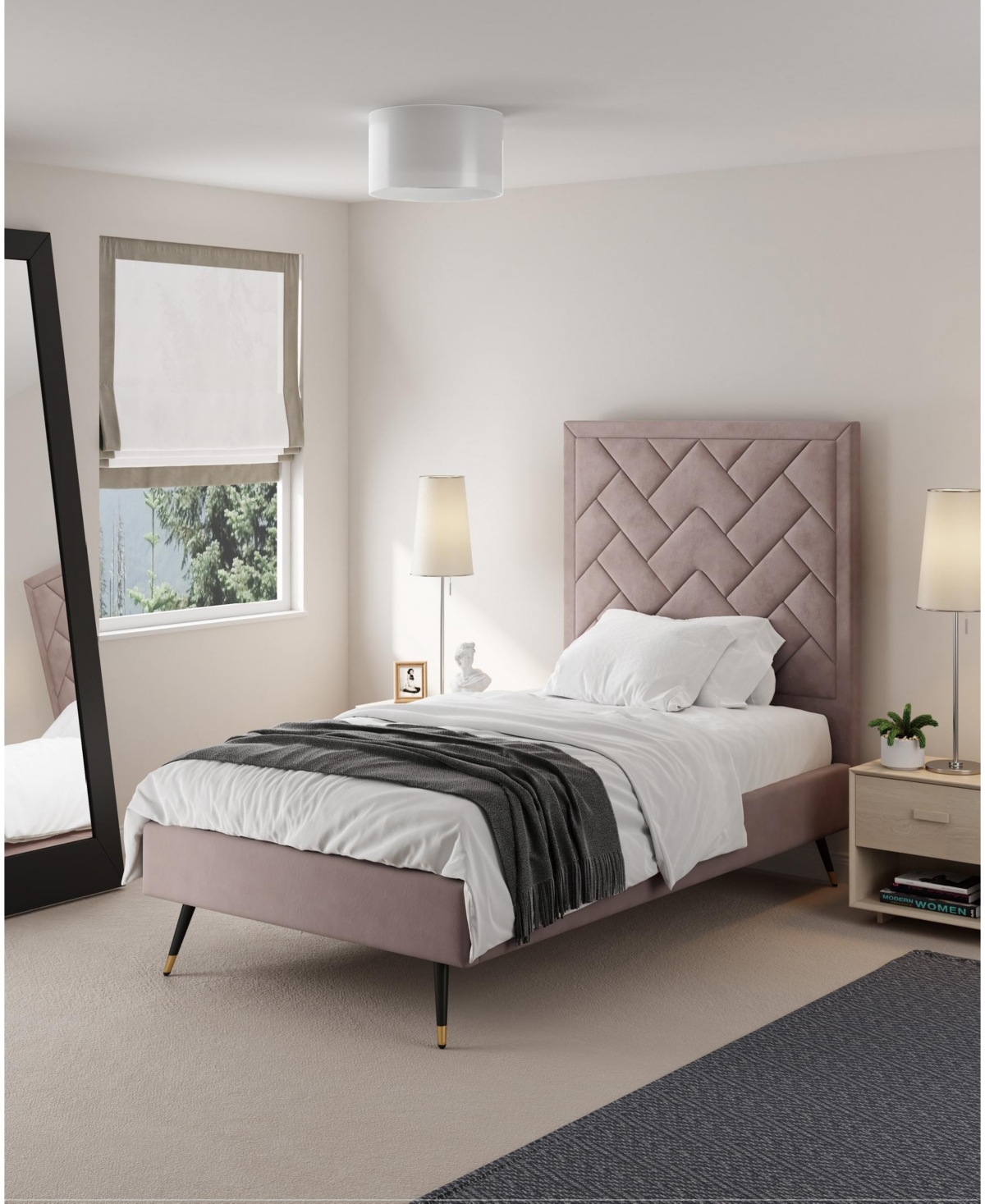 Manhattan Comfort Crosby Modern Twin-size Velvet Upholstered Bedframe And Headboard In Pink