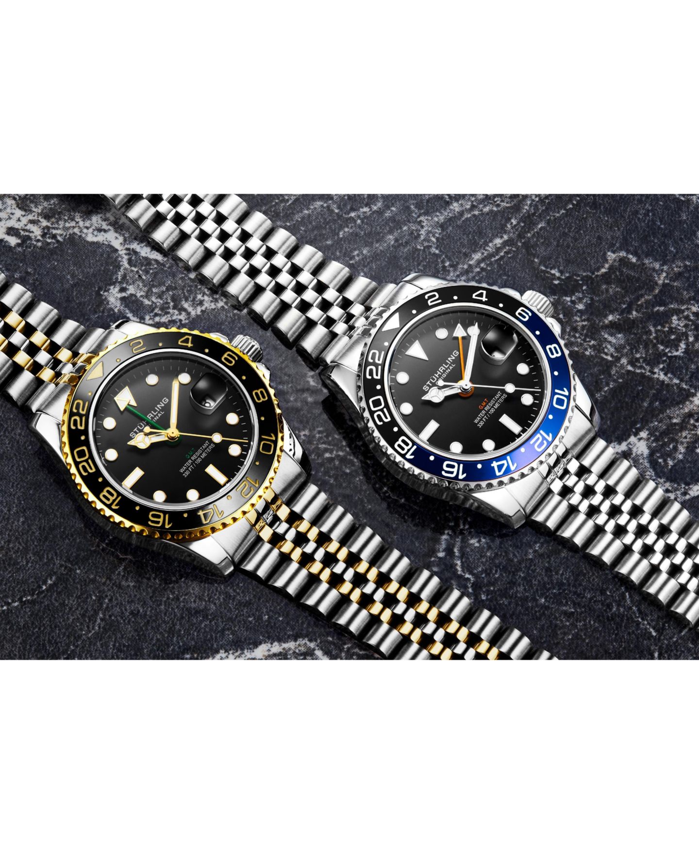 Мужские часы Stuhrling Meridian 3968 GMT Diver Watch - Quartz Movement, 42mm Stainless Steel Case, Black Dial, Blue/Black Bezel, цвет: Серебряный — фото 3