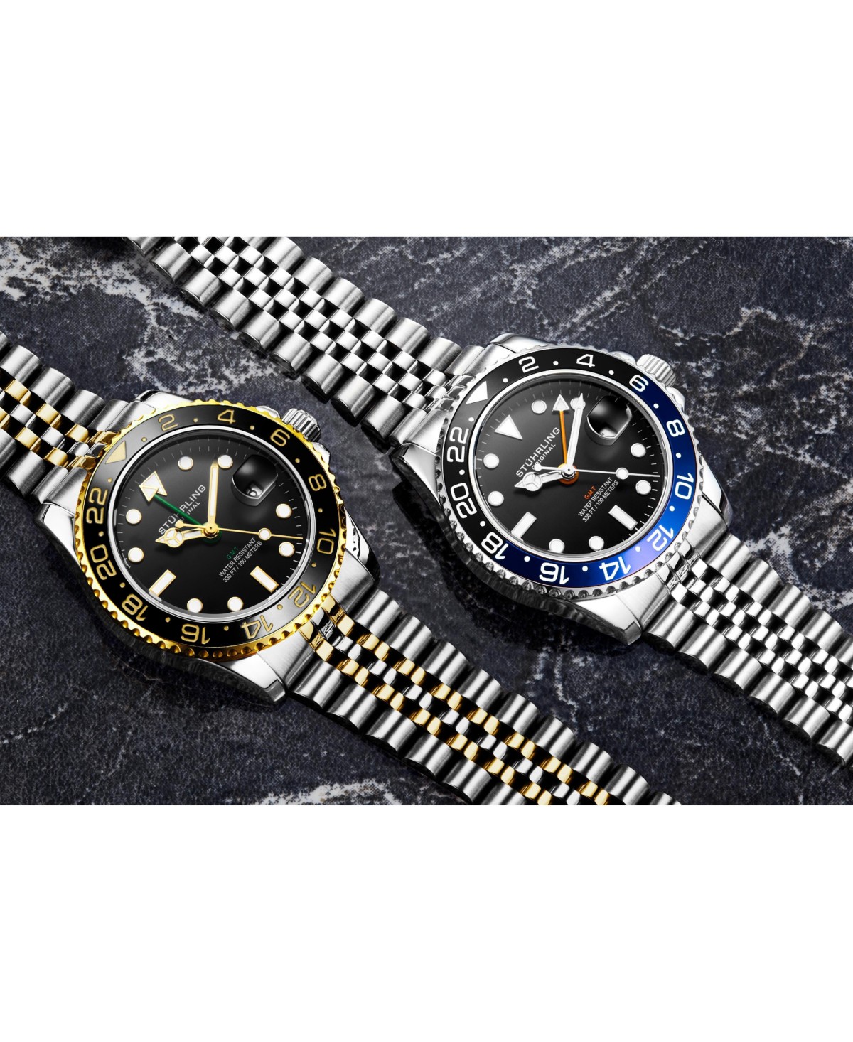 Мужские Stuhrling Meridian 3968 Men s GMT Diver Watch – Quartz Movement, 42mm Stainless Steel Case, Black Dial, Blue/Black Bezel — фото 4