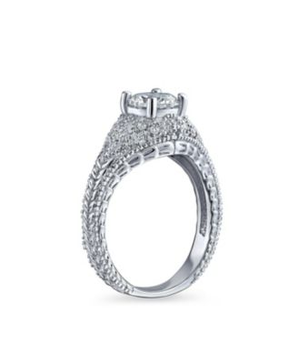 Art Deco Style 2CT Round Cubic Zirconia Solitaire Milgrain Setting CZ Pave Promise Ring Sterling Silver