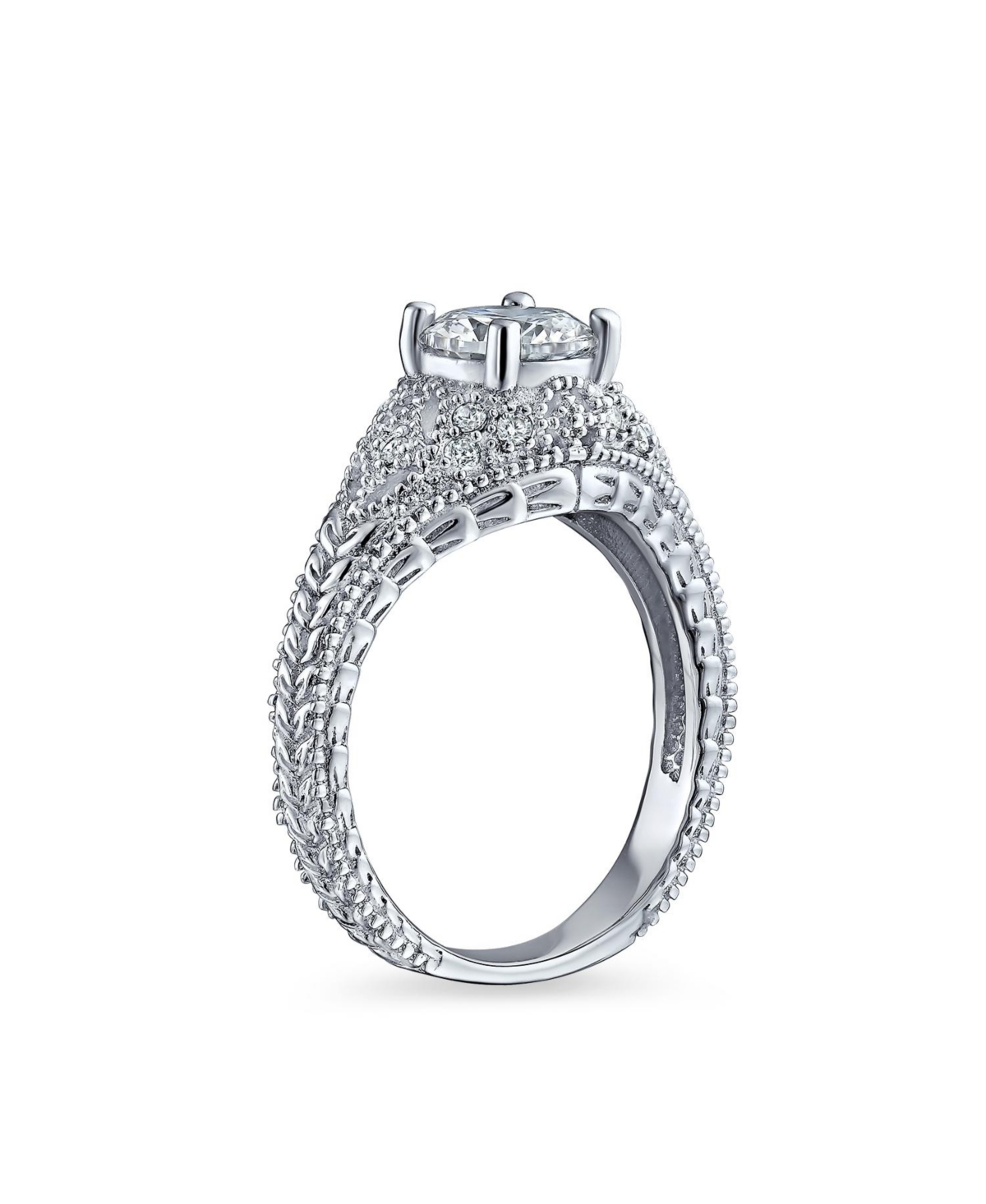 Bling Jewelry Art Deco Style 2CT Round Cubic Zirconia Solitaire Milgrain Setting Cz Pave Promise Ring Sterling Silver