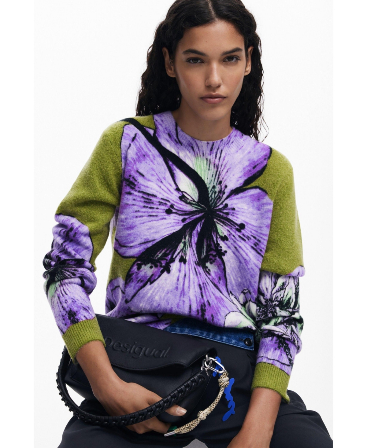 Desigual Floral Print Crewneck Sweater In Purple