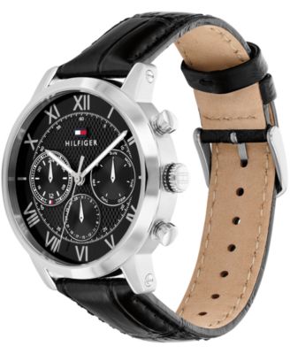 Men's Multifunction Black Leather Strap Watch, 42mm