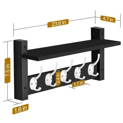 24 Inch Floating Wall Shelf with 5 Heavy Duty Hooks – for Entryway, Bathroom, Bedroom, Kitchen, or Mudroom