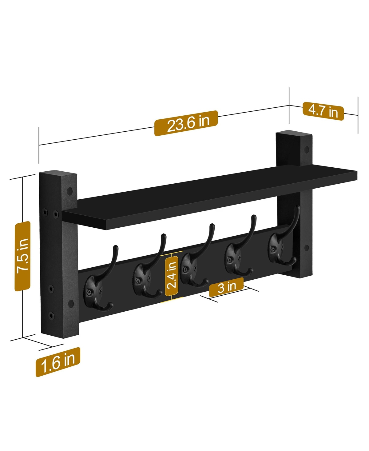 Sorbus Inch Floating Wall Shelf with 5 Heavy Duty Hooks – for Entryway, Bathroom, Bedroom, Kitchen