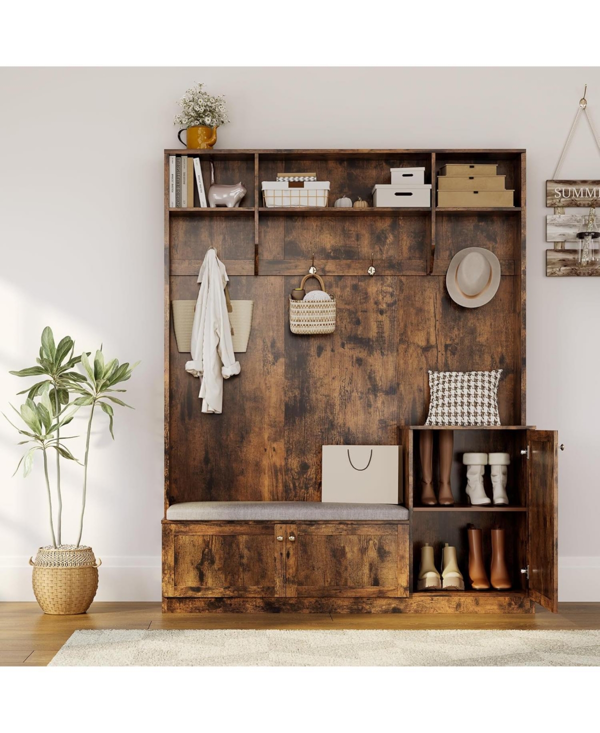 gaomon Hall Tree with Shoe Storage, 78.8" Entryway Bench with Coat Rack, with 4 Shoe Cabinet, 4 Coat Hooks, 3 Top Open Shelves, 5-in-1 Freestandi