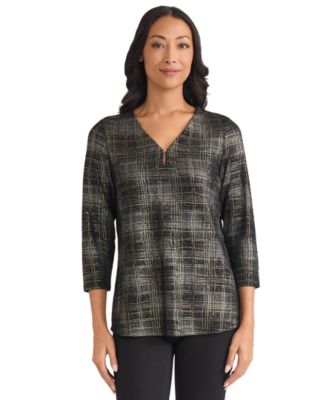 Jones New York - Petite Two Tone Keyhole V-Neck Top