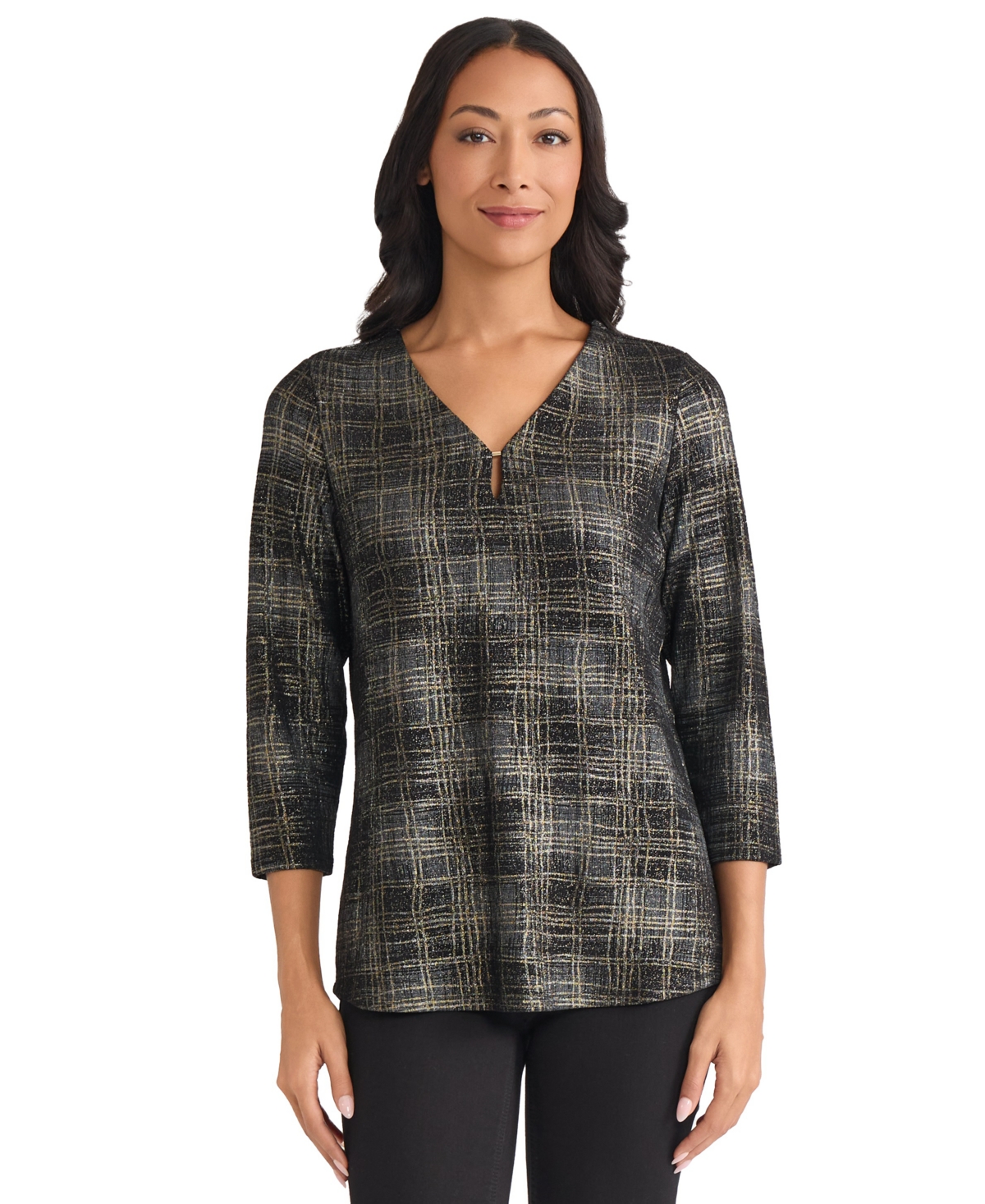 Jones New York Petite Two Tone Keyhole V-neck Top In Black