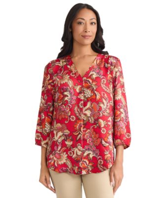 Jones New York - Petite Printed Satin Twill V-Neck Top