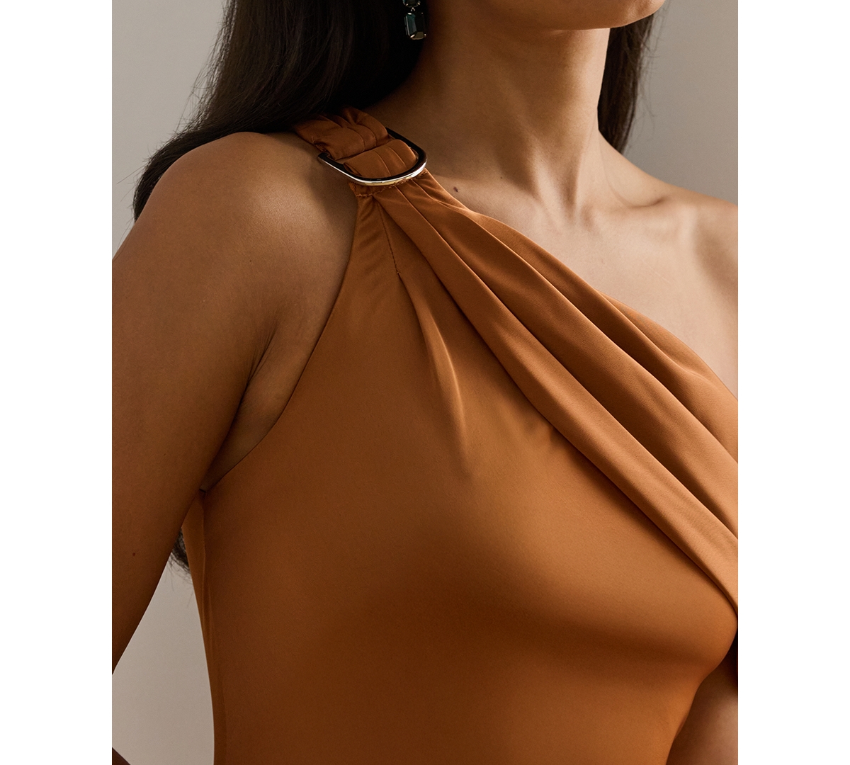 Ralph Lauren Buckle-trim Satin Off-the-shoulder Gown In Brown