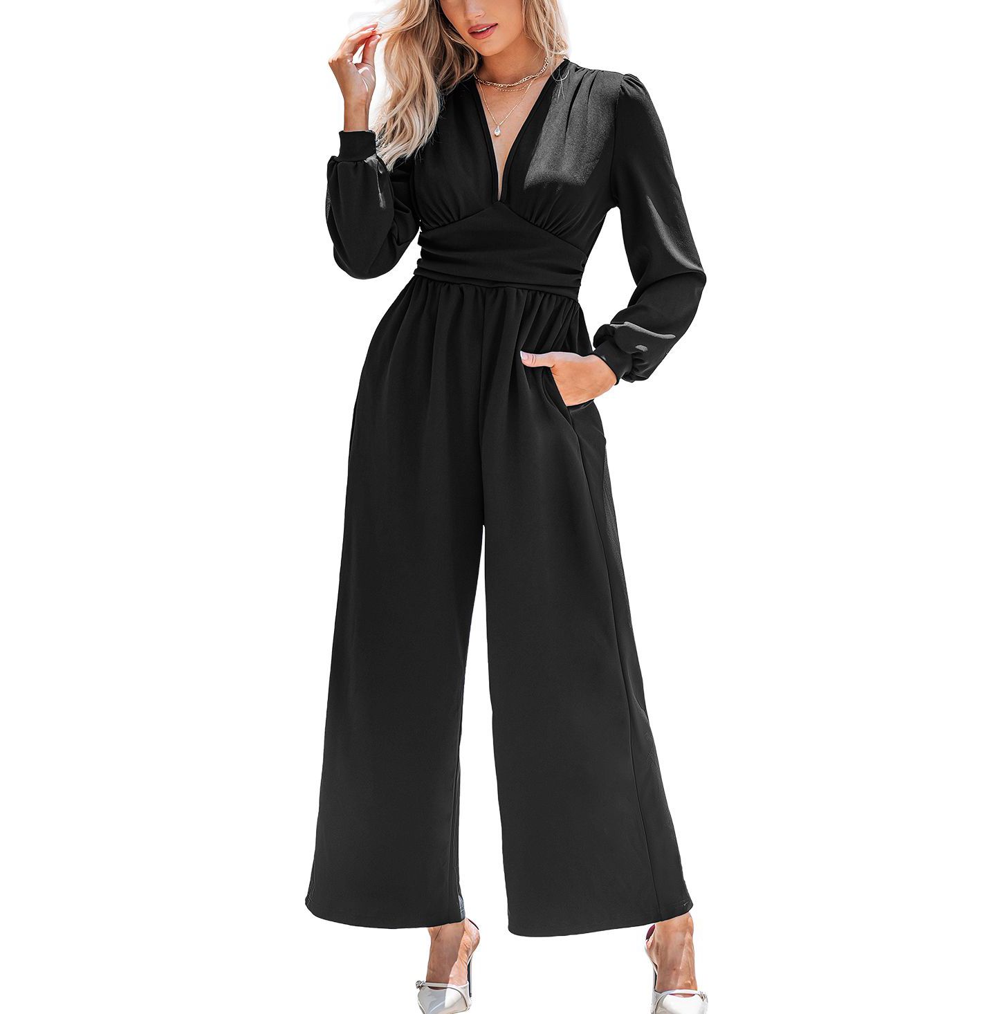 Женский комбинезон Cupshe Plunging Long Sleeve Wide Leg Jumpsuit, цвет: Чёрный — фото 1