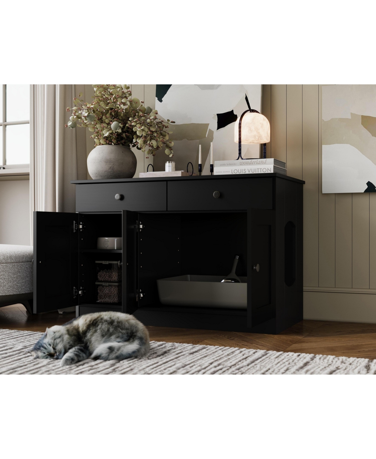 Palace Imports 100% Solid Wood Ziva 3-Door Cat Litter Box Enclosure