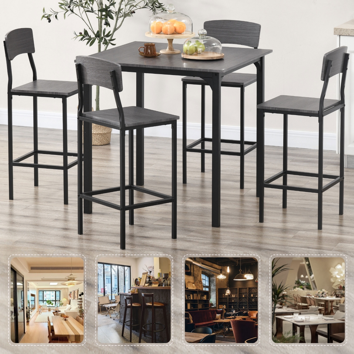 Homcom Bar Table Set for 4, Industrial Dining Table and Chairs Small Space