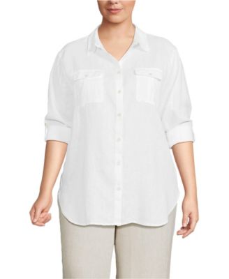 Plus Size Linen Roll Sleeve Relaxed Tunic Top