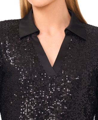 Women's Sequinned Long Sleeve Polo Top