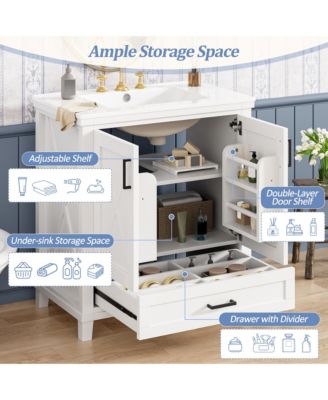 30" Bathroom Vanity with Sink, Solid Wood Frame and MDF, 2 Soft-Close Doors, Drawer and Storage Shelves