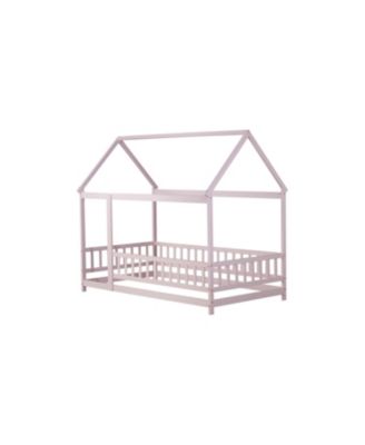 Twin Size House Floor Wooden Bed with Roof Frame Safety Guardrails Pink
