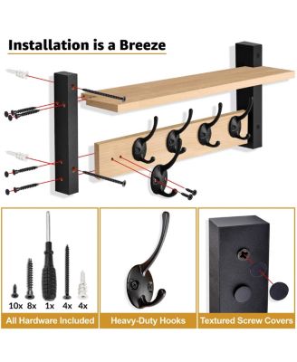 24 Inch Floating Wall Shelf with 5 Heavy Duty Hooks – for Entryway, Bathroom, Bedroom, Kitchen, or Mudroom