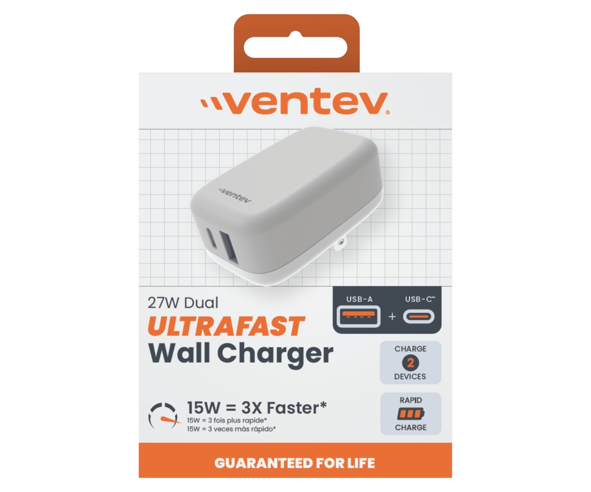 Ventev 27W Ultrafast Usb C and Usb A Dual Universal Wall Charger-Gray