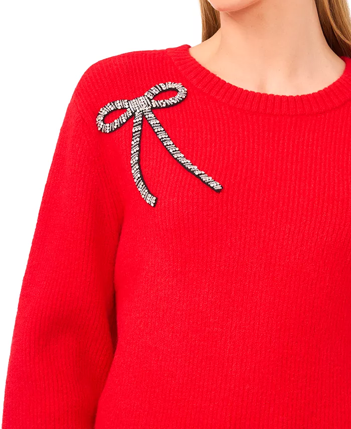 Women's Oversized Crewneck Bow Appliqu&eacute; Long-Sleeve Sweater - thumbnail 5