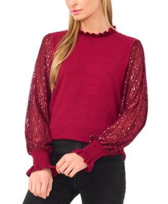 CeCe - Women's Ruffle Trim Sequin Long Sleeves Sweater