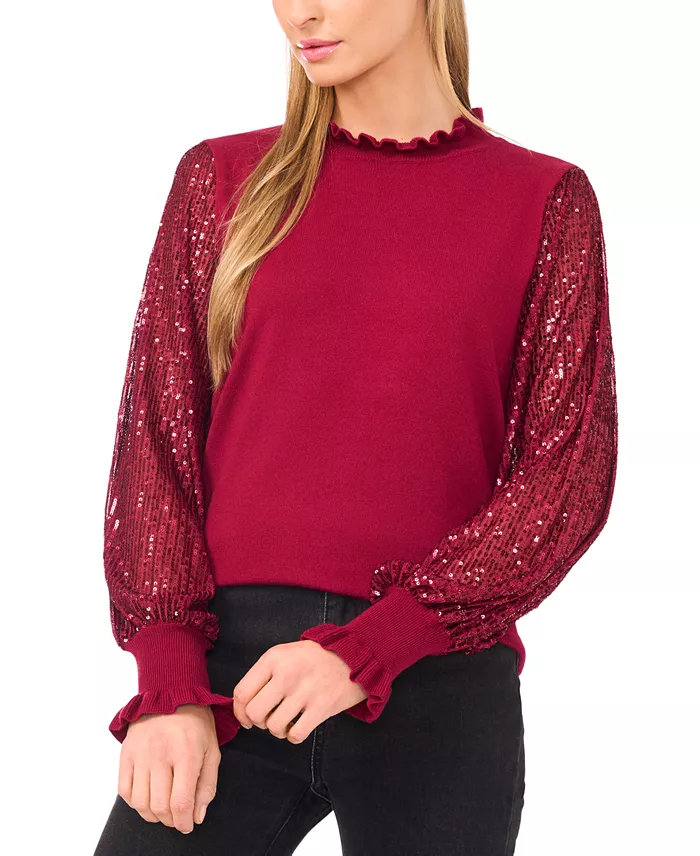 Women's Ruffle Trim Sequin Long Sleeves Sweater