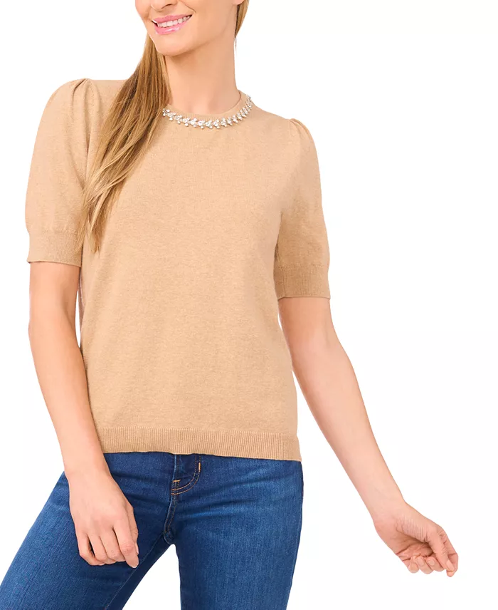 Women's Embellished Neck Trim Short Sleeve Sweater Top - thumbnail 7
