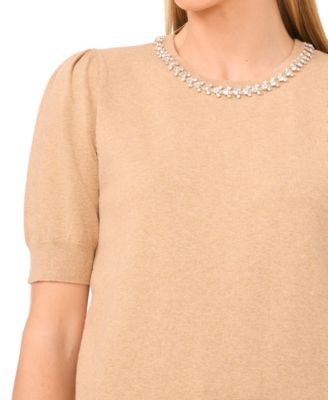 Women's Embellished Neck Trim Short Sleeve Sweater Top
