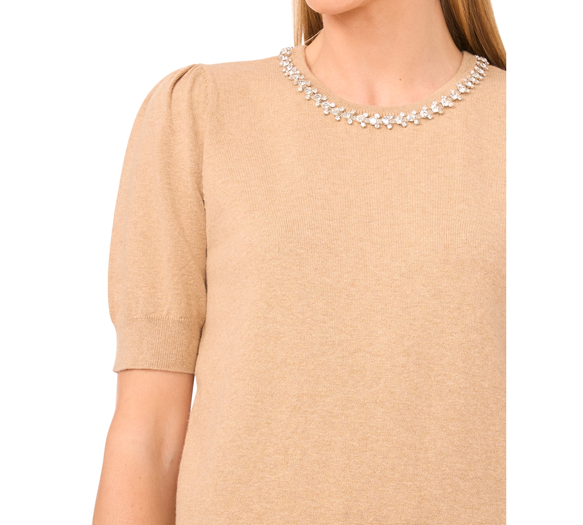 Cece Women's Embellished Neck Trim Short Sleeve Sweater Top In Gold